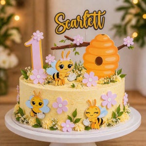 Set de adornos para pastel con temática de abejas / Decoración personalizada para el primer cumpleaños con nombre / Dulce fiesta de abejorros