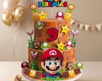 May include: A two-tiered birthday cake decorated with a Super Mario theme. The cake features brick-like frosting, Mario figurines, stars, mushrooms, and the number 9. The cake is topped with a sign that reads "SUPER JEREMIAS".