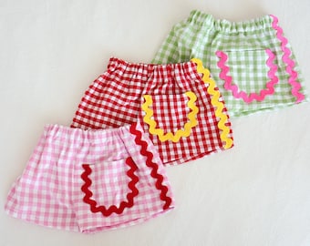 Handmade Gingham Toddler Shorts with Ric Rac Trim | Retro Cotton Summer Kids Clothing