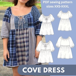 Patrón de costura en PDF para vestido Cove / Minivestido Babydoll, estilo patchwork (XXS-XXXL)