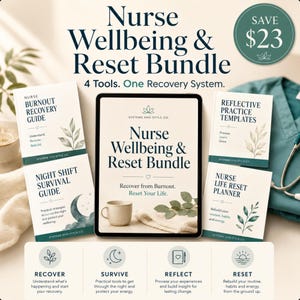 Może przedstawiać: Zestaw zasobów dla pielęgniarek, w tym przewodnik, planer i szablony, z tekstem "Nurse Wellbeing & Reset Bundle". Obraz przedstawia tablet, książki i filiżankę kawy, z zielono-białą kolorystyką.