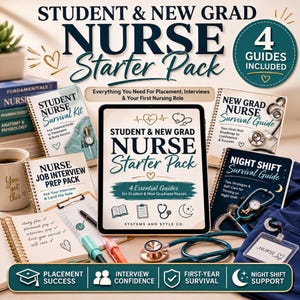 May include: A collection of nursing guides titled "Student & New Grad Nurse Starter Pack." The pack includes guides for placement, interviews, and first-year survival. A stethoscope, pens, and a coffee mug are also visible.