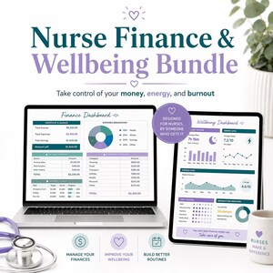 Op de afbeelding: Een laptop en tablet tonen een finance- en welzijnsbundel voor verpleegkundigen. De laptop toont een financieel dashboard met inkomsten- en uitgavenoverzichten. De tablet toont een welzijnsdashboard met slaap- en energieniveautrackers. Tekst: "Nurse Finance & Wellbeing Bundle."