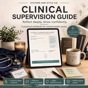 Op de afbeelding: Een digitale tablet toont een werkboek "Clinical Supervision Guide". De afbeelding bevat een koffiemok, een notitieblok, een pen en een stethoscoop. De tekst op de mok luidt "one breath at a time". De gids is voor verpleegkundigen in de geestelijke gezondheidszorg.