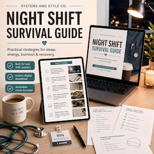 May include: A digital guide titled "Night Shift Survival Guide" on a laptop and tablet, with a coffee mug and stethoscope. The guide offers strategies for sleep, energy, burnout, and recovery, designed for shift workers and nurses.