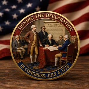 May include: A circular commemorative coin featuring a relief scene of the signing of the Declaration of Independence. The text SIGNING THE DECLARATION and IN CONGRESS, JULY 4, 1776 is embossed along the gold-toned border of the coin.