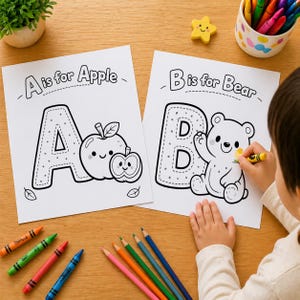 May include: Two white sheets with the letters "A" and "B" and corresponding illustrations of an apple and a bear. A child is coloring the bear with a yellow crayon. Crayons and colored pencils are scattered on the wooden surface.