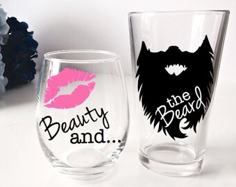 Beauty and the Beard Glass Gift Set | Beard Beer Glass Gift | Beauty Wine Glass | Beard and Beauty, His and Hers Glasses, Beard Wedding Gift