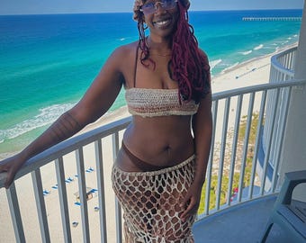 Crochet Cover Up Set, Handmade Beach Outfit, Mesh Skirt and Bandeau Top, Custom Crochet Set, Festival Outfit, Summer Vacation Wear