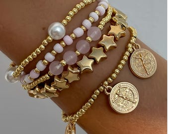 Vintage Gold Coin Pendant Stacked Bracelet Set, French Pearl Starry Bead Bracelet, Y2K Bohemian Multi Layer Jewelry, Gift for Her