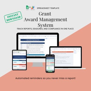 Op de afbeelding: Een digitale afbeelding die een Grant Award Management System promoot. De afbeelding toont een desktopcomputer, tablet, laptop en smartphone met spreadsheetgegevens. Tekst bevat "Direct downloaden" en "Rapporten, deadlines en compliance volgen op één plek."