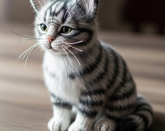 May include: A crocheted kitten with gray and white stripes, green eyes, and long white whiskers. The handmade cat is sitting on a wooden surface. The cat's ears are pointed, and its paws are white.