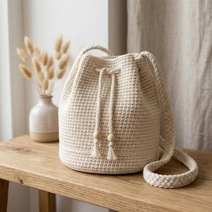 Könnte beinhalten: Eine cremefarbene Häkel-Beuteltasche mit einem dicken geflochtenen Schulterriemen und einem Kordelzugverschluss, dessen zwei herabhängende Enden mit kleinen Holzperlen verziert sind. Die Tasche hat einen strukturierten zylindrischen Boden.