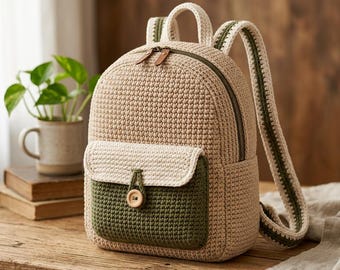 Puede incluir: Una mochila de ganchillo beige con un bolsillo frontal verde oscuro, una solapa color crema y un cierre de botón de madera. La mochila incluye un asa superior, dos correas ajustables para los hombros con borde verde y un compartimento principal.