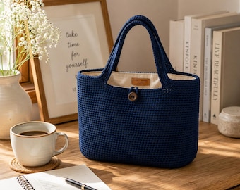 Navy Blue Crochet Tote Bag Pattern, Beginner Market Bag Tutorial (PDF Download)