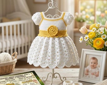 May include: A handmade white and yellow crochet baby dress displayed on a white metal stand. The dress features a yellow waistband with a flower accent and puff sleeves. Crochet baby booties are next to the dress. A framed baby photo and a bouquet of flowers are in the background.
