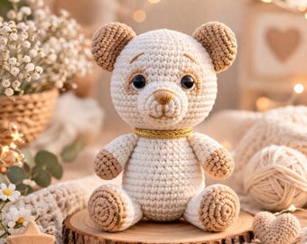 May include: A handmade crochet teddy bear in cream and tan. The bear has a gold collar and is sitting on a wooden slice. The bear's ears, paws, and snout are tan, with black eyes and a stitched nose. The background includes flowers and a heart-shaped crochet item.