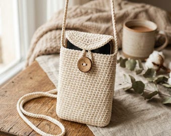 May include: A cream-colored crochet crossbody bag featuring a rectangular pouch design with a fold-over flap. The bag is secured by a single round wooden button at the center and includes a long, braided cord strap for carrying over the shoulder.