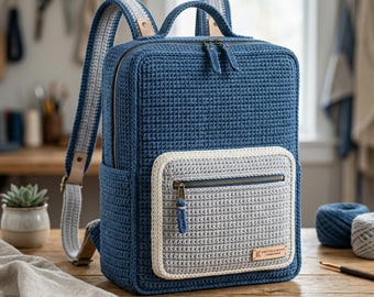 Puede incluir: Una mochila rectangular de ganchillo en azul profundo con un bolsillo frontal gris claro. La bolsa cuenta con un asa superior, dos correas ajustables con rayas blancas y azules, cremalleras de tono latón y una pequeña etiqueta de cuero.