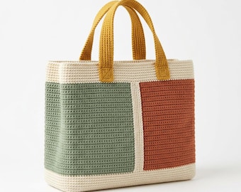 Puede incluir: Un bolso tote rectangular de ganchillo con un diseño de bloques de color que presenta una base crema, un panel verde salvia a la izquierda y un panel naranja terracota a la derecha. El bolso incluye dos asas de color amarillo mostaza.