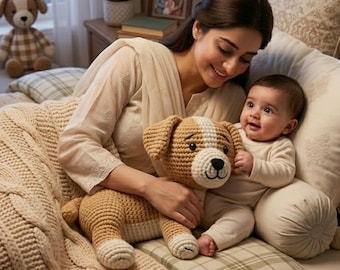 May include: A crocheted dog plush toy with brown and white details is held by a person, alongside a baby. The scene is set on a bed with a cream-colored blanket and pillows. A second dog plush toy is visible in the background.