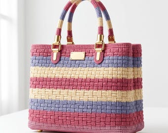 Puede incluir: Un bolso rectangular con textura tejida y rayas horizontales en tonos rosa, morado claro y crema. El bolso incluye dos asas tejidas a juego sujetas con herrajes de metal dorado y una placa rectangular dorada en blanco en la parte frontal.