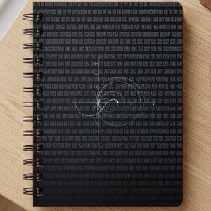 May include: A black spiral-bound notebook featuring a dense, repeating pattern of white numerical sequences covering the entire cover. A thin white line graphic depicting a spiral geometric curve is centered over the numbers on the front cover.