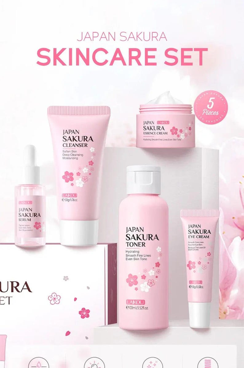 LAIKOU Sakura Skin Care Sets Facial Cleanser Eye Creams Face Cream Serum Lotion Toner Brightening Moisturizing Face Care Kit Nova Trendz