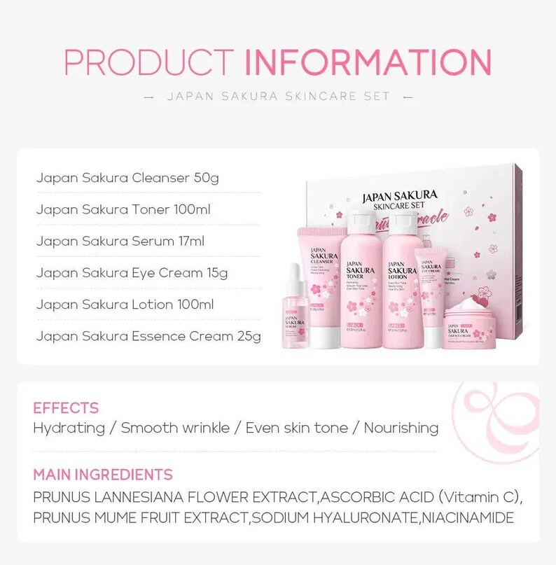 LAIKOU Sakura Skin Care Sets Facial Cleanser Eye Creams Face Cream Serum Lotion Toner Brightening Moisturizing Face Care Kit Nova Trendz