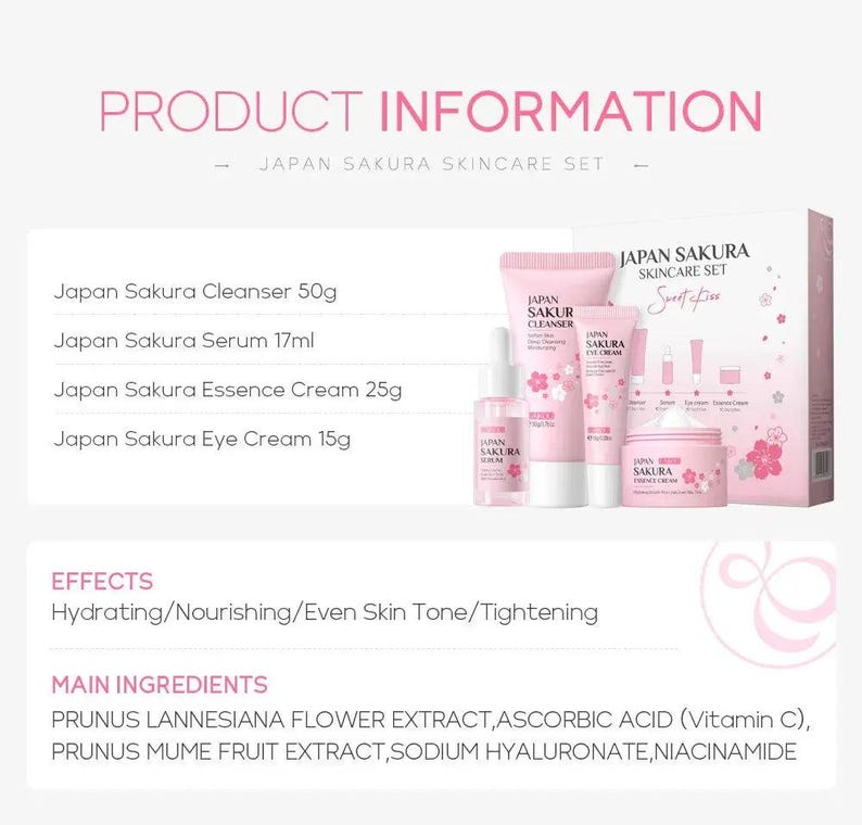 LAIKOU Sakura Skin Care Sets Facial Cleanser Eye Creams Face Cream Serum Lotion Toner Brightening Moisturizing Face Care Kit Nova Trendz