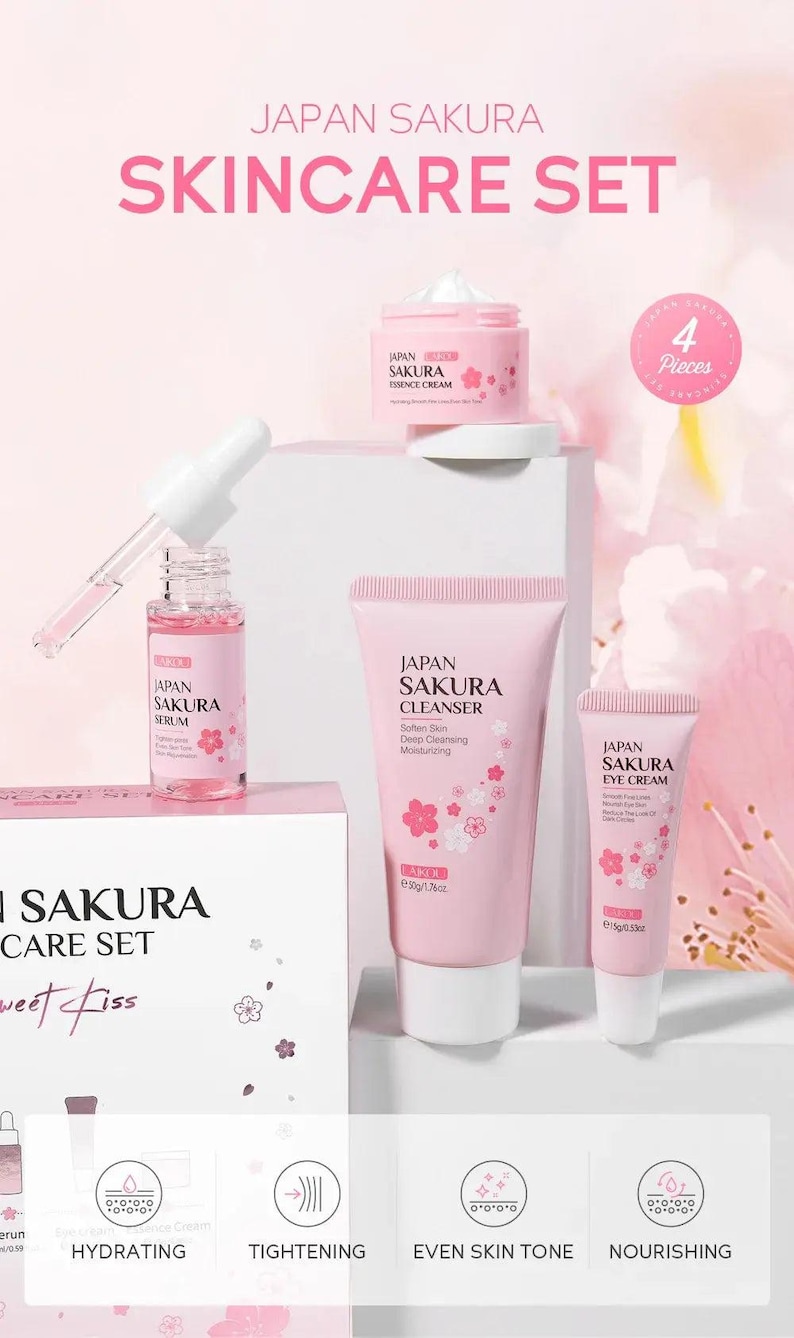 LAIKOU Sakura Skin Care Sets Facial Cleanser Eye Creams Face Cream Serum Lotion Toner Brightening Moisturizing Face Care Kit Nova Trendz