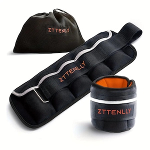 May include: Black ankle and wrist weights with the brand name "ZTTENLLY" in orange. The set includes a drawstring bag, a long ankle weight, and a shorter wrist weight. The weights have a black exterior with white trim and orange interiors.