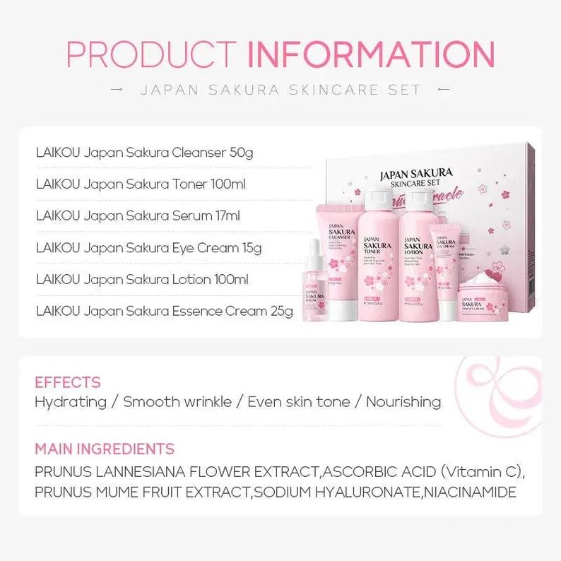 LAIKOU Sakura Skin Care Sets Facial Cleanser Eye Creams Face Cream Serum Lotion Toner Brightening Moisturizing Face Care Kit Nova Trendz