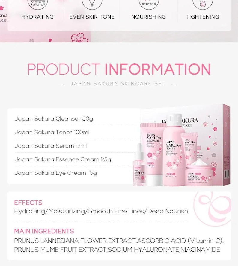 LAIKOU Sakura Skin Care Sets Facial Cleanser Eye Creams Face Cream Serum Lotion Toner Brightening Moisturizing Face Care Kit Nova Trendz
