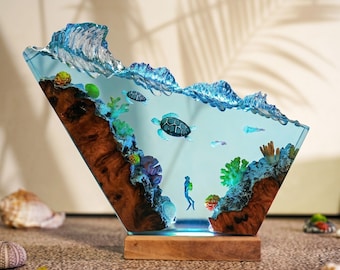 Lámpara de resina oceánica, luz nocturna de tortuga marina, lámpara de diorama submarino, decoración hecha a mano con resina epoxi, regalo para casa de playa costera.