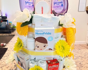 Custom Baby Shower Diaper Cake Gift Set, New Mom Gift Basket, Gender Neutral Baby Gift, Baby Essentials Gift, Baby Shower Diaper Cake