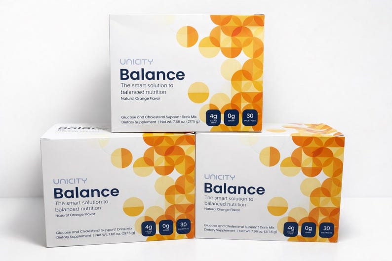 K&ouml;nnte beinhalten: Drei wei&szlig;e Kartons mit Unicity Balance Nahrungserg&auml;nzungsmittel. Jeder Karton zeigt den Produktnamen und die Beschreibung mit orangefarbenen und gelben Kreisdesigns. Die Kartons zeigen N&auml;hrwertangaben, darunter 4g Ballaststoffe, 0g Zucker und 30 Beutel.