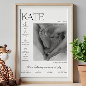 May include: A framed print with the name "KATE" at the top, featuring a black and white photo of a baby's feet held in hands. The print includes details like the birth date, weight (7 lbs 8 oz), and length (23 inches).