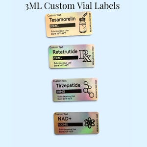 May include: Four rectangular 3ML custom vial labels with a holographic finish. Each label features black text including Custom Text, dosage, Subcutaneous Use, Store 36°F-46°F, and Research Use Only, alongside unique icons for Tesamorelin, Retatrutide, Tirzepatide, and NAD+.