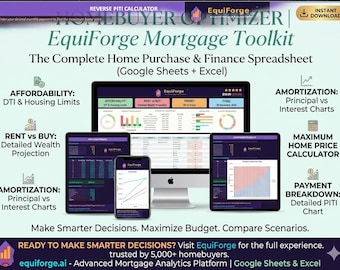 EquiForge™ Homebuyer Optimizer | Mortgage Calculator Spreadsheet | Rent vs Buy | Closing Costs | Excel Template