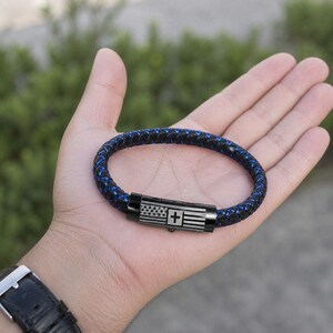 Cross Leather Bracelet Men, Bible Verse Jewelry, American Flag Faith Cuff, Adjustable Christian Gift for Him