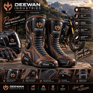 以下が含まれることがあります： Deewan Industries製のブラウンとブラックの合成皮革製バイク用ライディングブーツ。すねと足首のガード、滑り止めソール、通気性のある裏地、トゥスライダーを備えています。ブーツにはDeewan Industriesのロゴとブランド名が記されています。