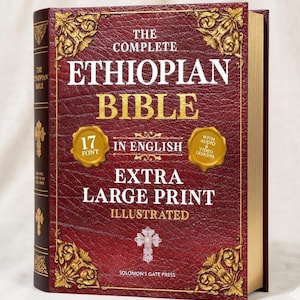 May include: A hardcover book titled "The Complete Ethiopian Bible" in English, with extra large print and illustrations. The cover is burgundy with gold accents and text. Includes audio and video lessons.