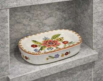 Keramik Seifenschale mit Ablauf | Elegantes Blumen Badezimmer Arbeitstop Tablett