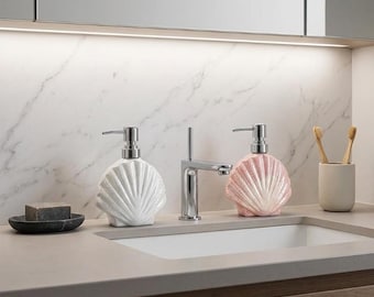 Pink Shell Soap Dispenser – Ceramic Lotion Bottle for Elegant Coastal Bathroom Decor