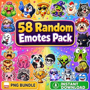 May include: A digital collection of 58 colorful cartoon emotes featuring various characters including a cactus, penguin, pizza slice, wizard frog, chicken, raccoon, sloth, ghost, onion, octopus, panda, skull, alien, trophy, and shark on a rainbow background.