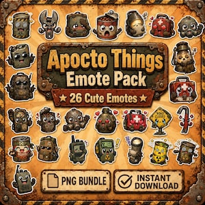 Op de afbeelding: Een digitale collectie van 26 schattige emotes met een post-apocalyptisch thema, voorzien van antropomorfe voorwerpen zoals gasmaskers, bonenblikken, rugzakken en medische kits. De centrale tekst luidt Apocto Things Emote Pack, 26 Cute Emotes, PNG BUNDLE en INSTANT DOWNLOAD.