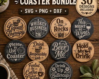 Funny Coaster SVG Bundle, 30 Drink Designs, Laser Engraving Files (Digital Download)