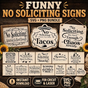 Könnte beinhalten: Eine Sammlung humorvoller "Keine Werbung" Schilder in verschiedenen Formen und Größen. Die Schilder zeigen witzige Sätze und Grafiken, wie "Außer Sie haben Tacos" und "Wir haben schon genug Chaos". SVG- und PNG-Dateien sind ebenfalls enthalten.