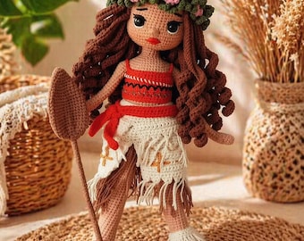 Lalka inspirowana Moaną, ręcznie robiona, szydełkowa zabawka amigurumi, prezent dla księżniczki z wyspy, wystrój pokoju dziecięcego